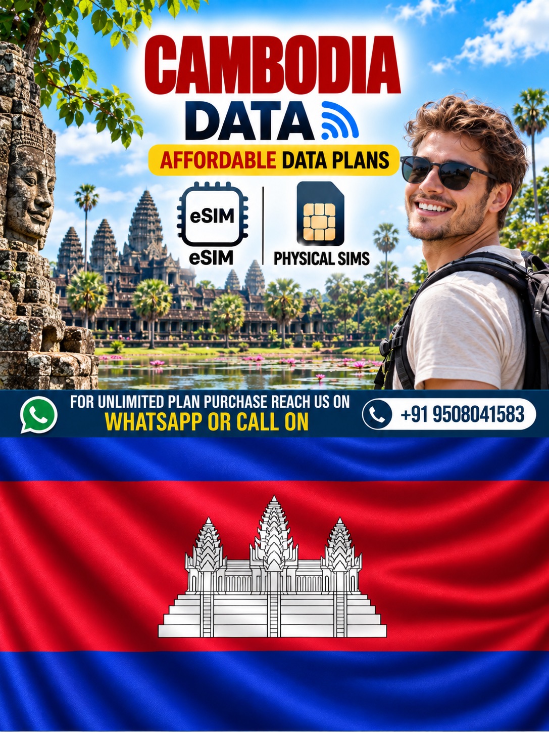Cambodia eSIM Data Plans for Tourists | Hubbing Ecom Cambodia eSIM and physical SIM data plans for tourists featuring Angkor Wat and affordable travel connectivity.