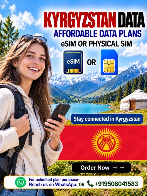Kyrgyzstan eSIM and physical SIM data plans featuring alpine mountains, turquoise lake, traditional yurt, and a European female traveler.