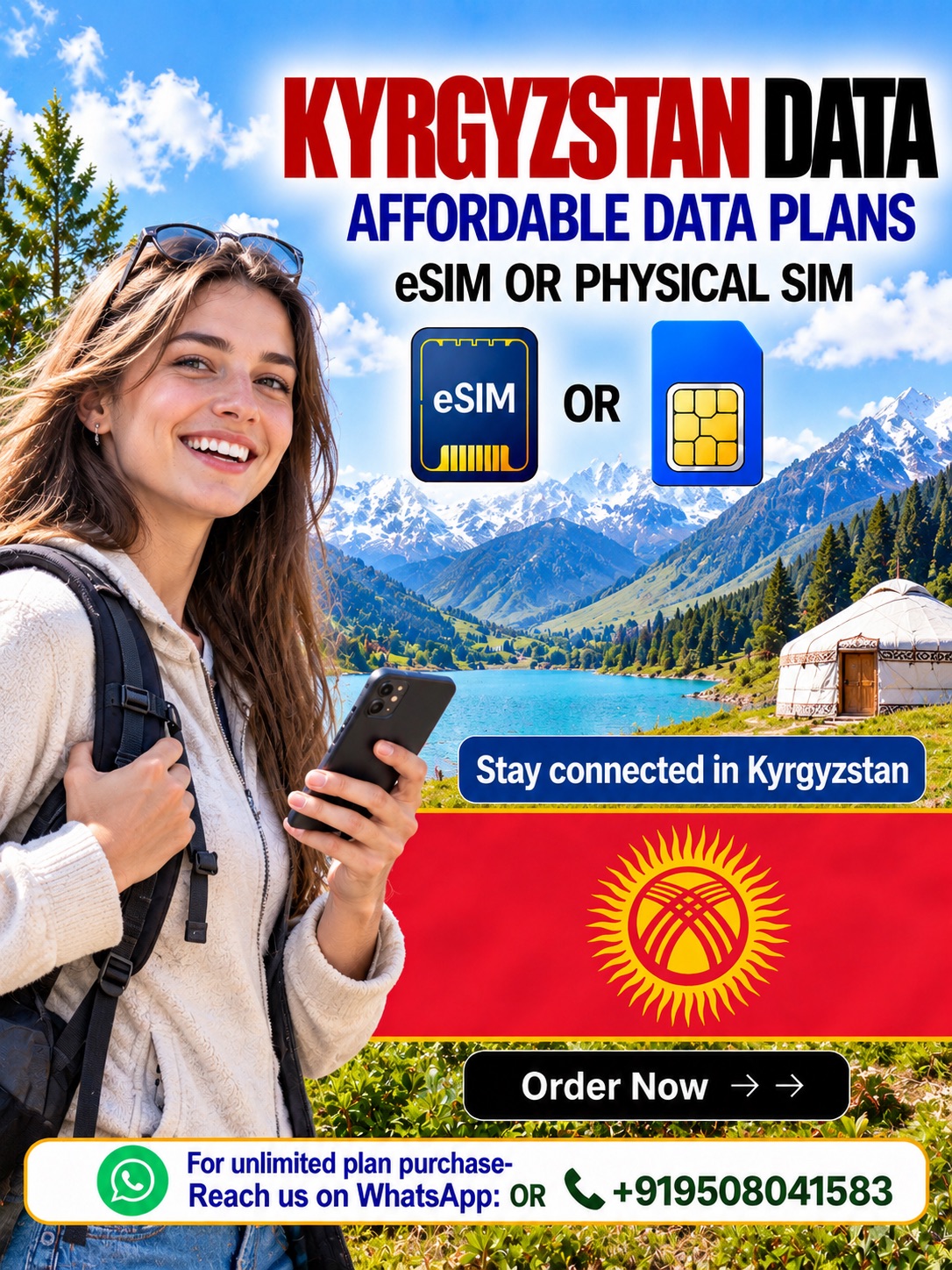 Kyrgyzstan eSIM Data Plans for Tourists | Hubbing Ecom | Symbaa Kyrgyzstan eSIM and physical SIM data plans featuring alpine mountains, turquoise lake, traditional yurt, and a European female traveler.