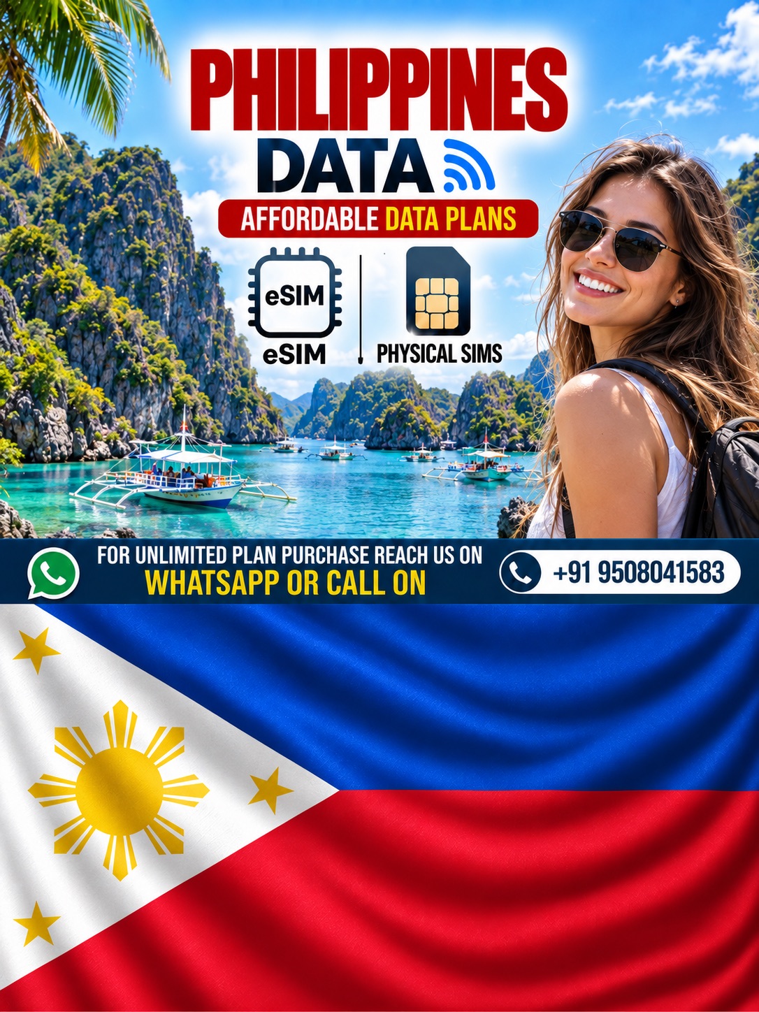 Philippines eSIM Data Plans for Tourists | Hubbing Ecom Philippines eSIM and physical SIM data plans featuring tropical islands, turquoise lagoons, boats, and a European female traveler.