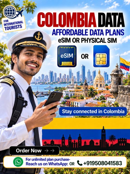 Colombia eSIM and physical SIM data plans featuring Cartagena landmarks and a young Indian sea captain with a smartphone.