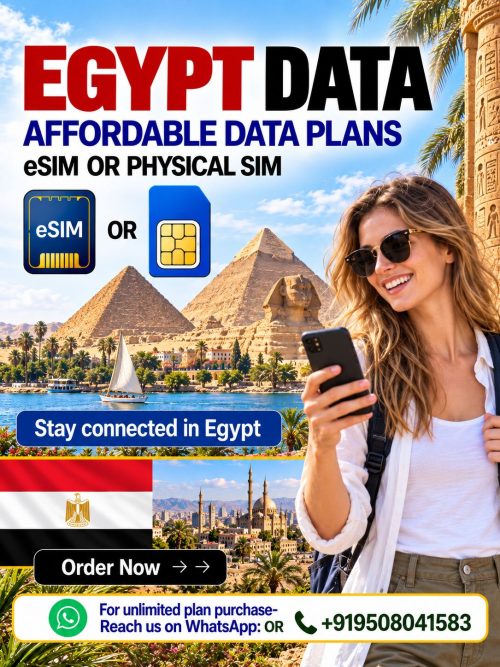 Egypt data eSIM and physical SIM plans with pyramids, Nile River, Egyptian flag, and female traveler using smartphone.