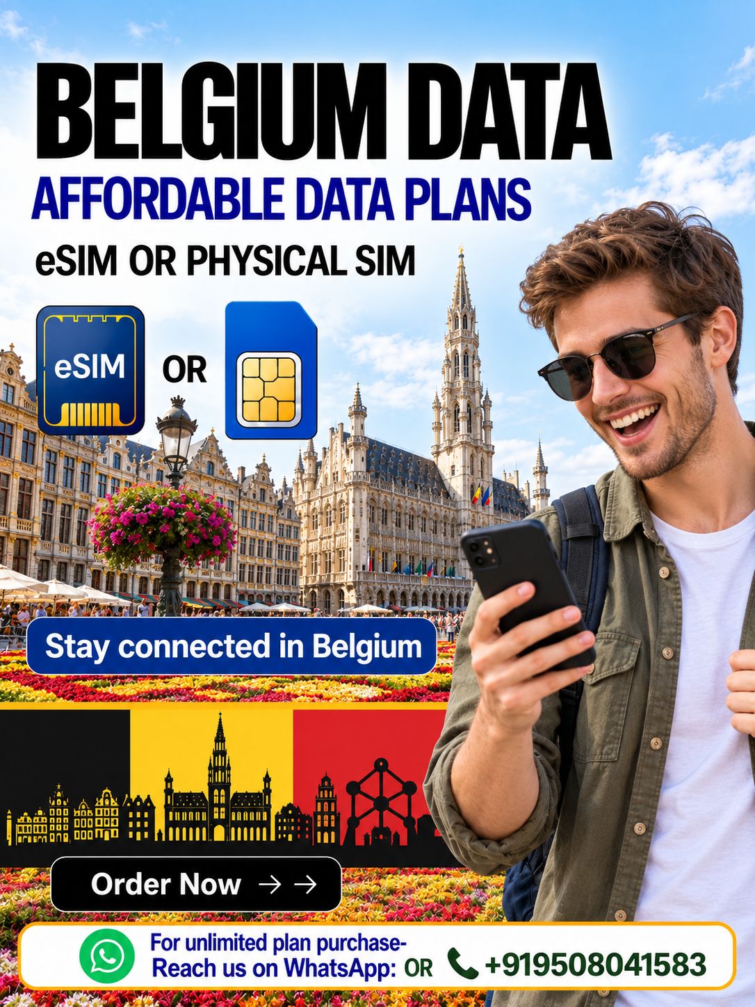 Belgium Data SIM & eSIM for Travelers Belgium data SIM and eSIM plans for travelers, featuring a young European man exploring Brussels with mobile connectivity.