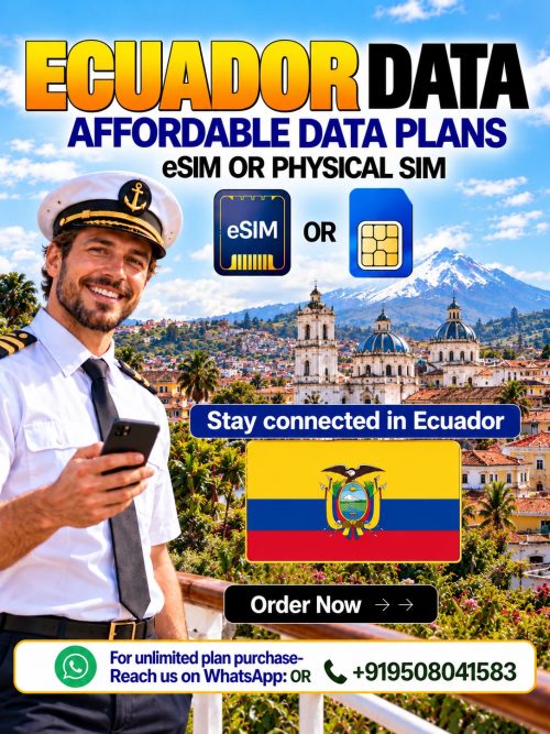 Ecuador data eSIM and physical SIM travel plans with seafarer, Ecuador flag, smartphone, Quito cityscape and connectivity options.