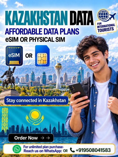 Kazakhstan eSIM and physical SIM data plans featuring Almaty skyline, snowy mountains, and a young male traveler.