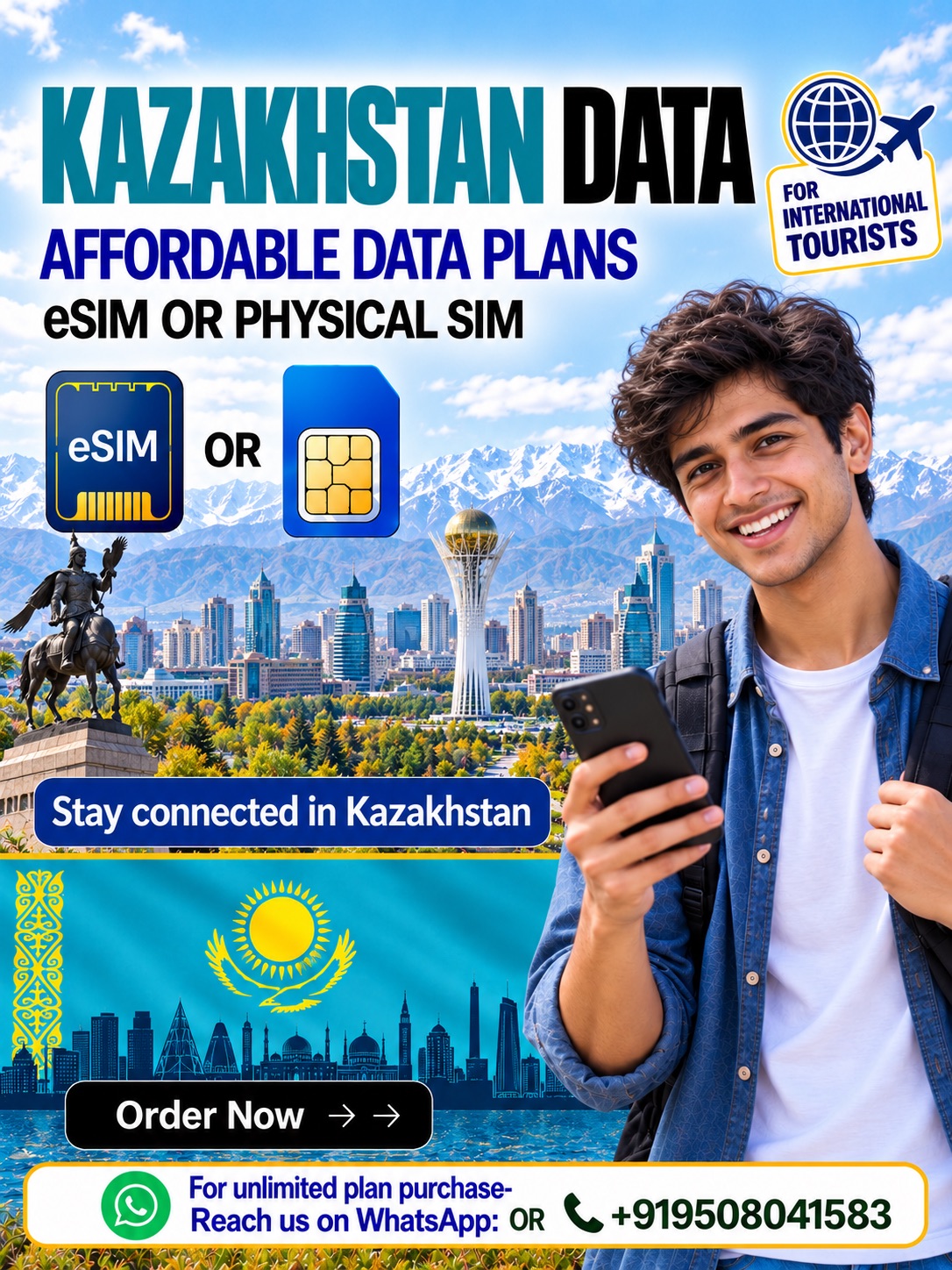 Kazakhstan eSIM Data Plans for Tourists | Symbaa| Hubbing Ecom Kazakhstan eSIM and physical SIM data plans featuring Almaty skyline, snowy mountains, and a young male traveler.