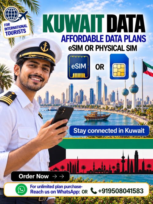 Kuwait eSIM and physical SIM data plans featuring Kuwait Towers, a marine sailor, waterfront scenery, and Kuwait flag-inspired graphics.