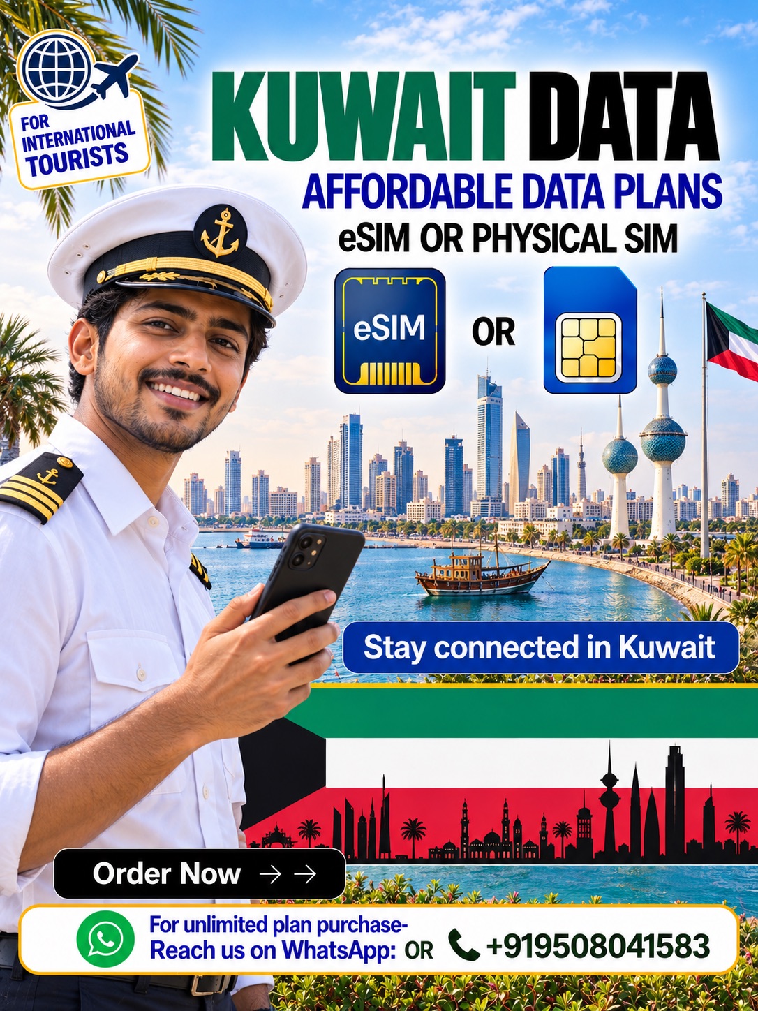 Kuwait eSIM Data Plans for Tourists | Hubbing Ecom | Symbaa Kuwait eSIM and physical SIM data plans featuring Kuwait Towers, a marine sailor, waterfront scenery, and Kuwait flag-inspired graphics.