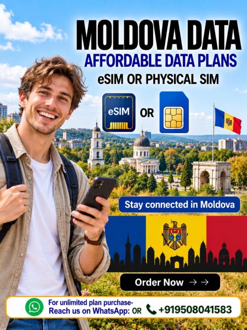 Moldova travel eSIM and physical SIM data plans featuring a European traveler, Chisinau landmarks, Moldova flag, and affordable mobile connectivity.