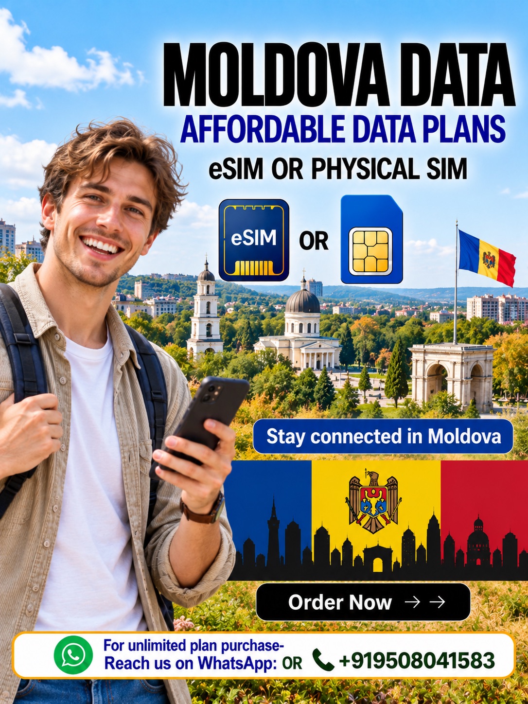 Moldova eSIM and Physical SIM Data Plans for Travelers Moldova travel eSIM and physical SIM data plans featuring a European traveler, Chisinau landmarks, Moldova flag, and affordable mobile connectivity.