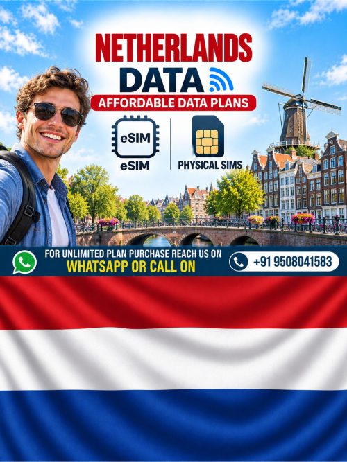 Netherlands eSIM and physical SIM data plans featuring Amsterdam canals, a windmill, and a young European male traveler.