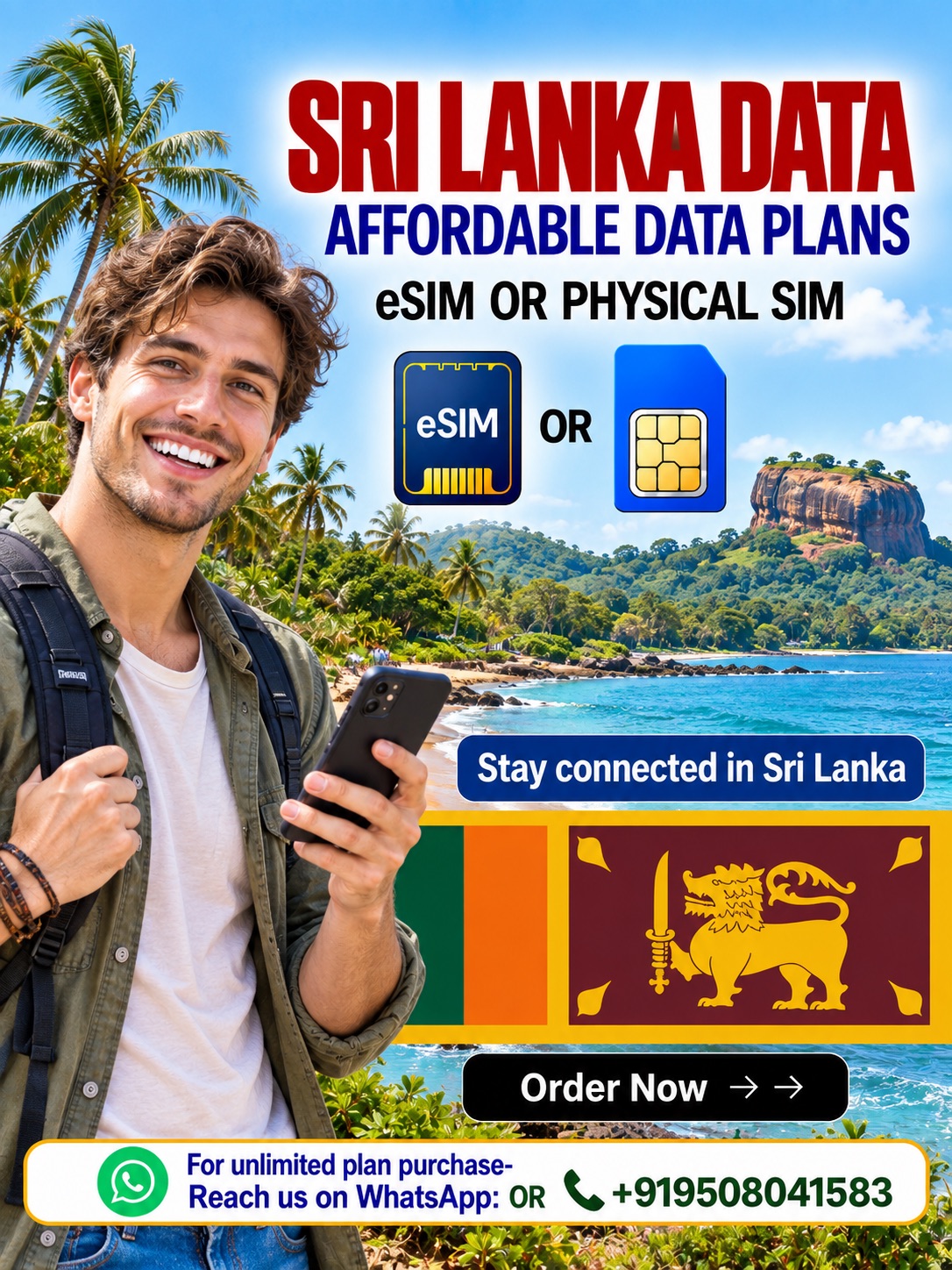 ri Lanka eSIM and Physical SIM Data Plans for Travelers Sri Lanka travel eSIM and physical SIM data plans featuring a European traveler, tropical beach, Sigiriya Rock, Sri Lankan flag, and affordable connectivity.