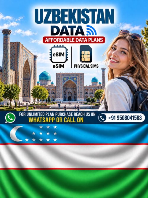 Uzbekistan data eSIM and physical SIM cards with affordable travel data plans and Samarkand architecture