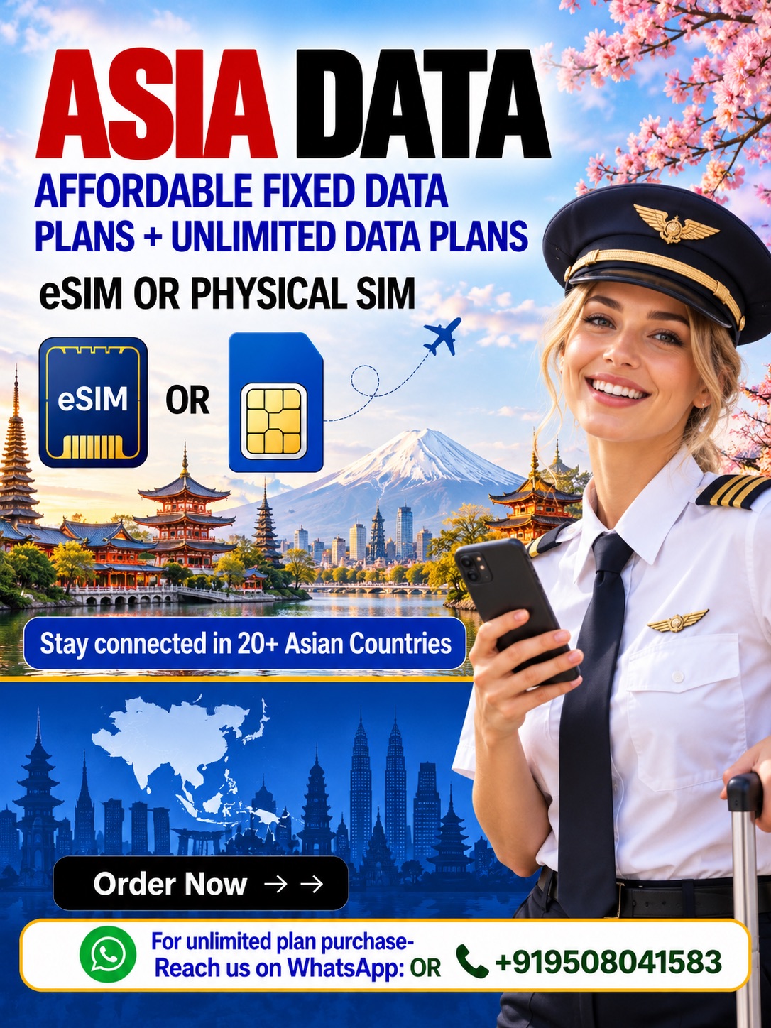Asia eSIM Data Plans for Travelers | Hubbing Ecom Asia eSIM and physical SIM data plans featuring Asian landmarks and a European female airline pilot traveling across 20+ Asian countries.