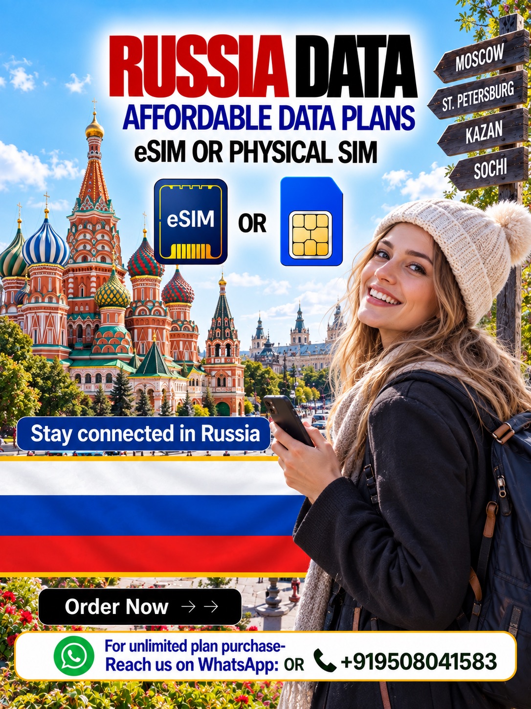 Russia Data eSIM and Physical SIM | Affordable Travel Data Russia data eSIM and physical SIM with affordable travel data plans, featuring a female traveler and Moscow landmarks.