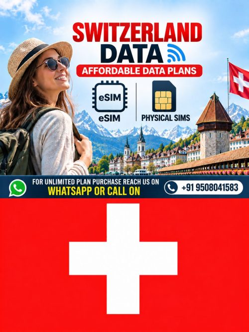 Switzerland eSIM and physical SIM data plans with affordable connectivity, Swiss Alps, traveler, and iconic Swiss landmarks.