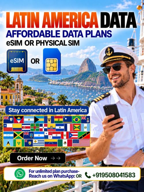 Latin America data eSIM and physical SIM plans with seafarer captain, regional flags, and affordable mobile connectivity for travelers.