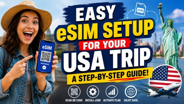 Excited traveler holding an activated eSIM QR code with USA landmarks, explaining easy eSIM setup for a USA trip.