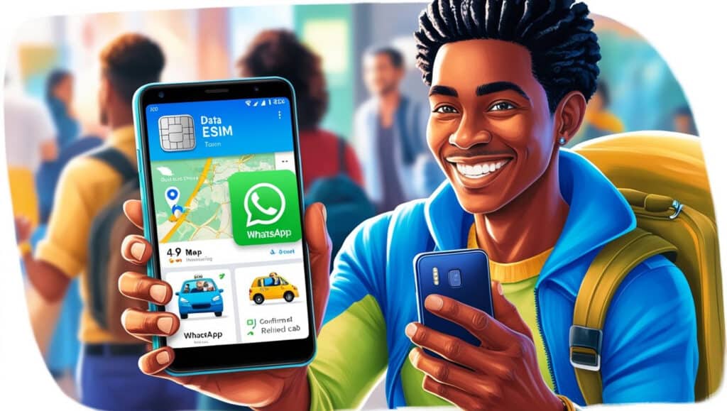 Man using smartphone connected to WhatsApp, maps, and cab booking apps via International Data eSIM.