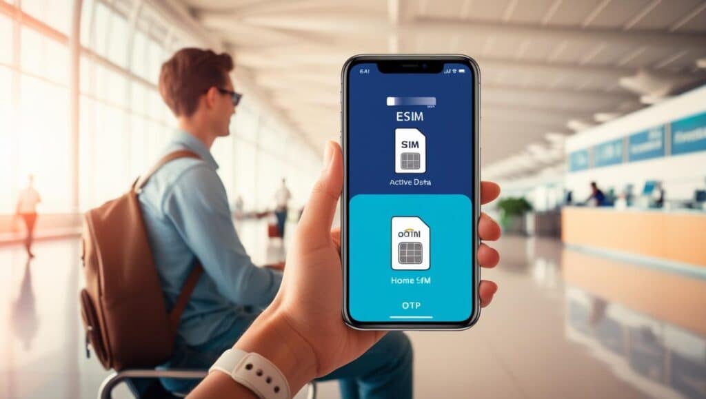 Traveler using smartphone with dual SIM setup: eSIM for data and physical SIM for OTP access.