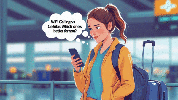 Young woman pondering WiFi Calling vs Cellular while looking at her smartphone.