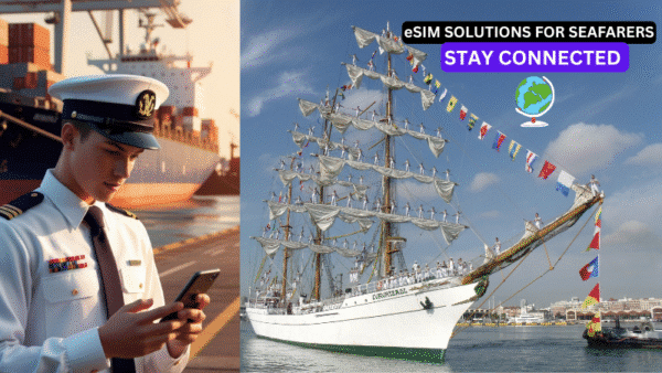 Seafarer standing at a seaport, looking intently at a smartphone in hand.