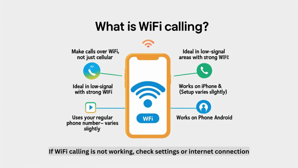 Illustration showing a smartphone making a call over a WiFi network.