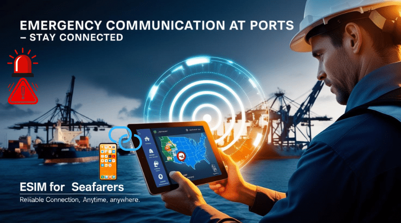 Sailor at port checking emergency communication updates on his smartphone.