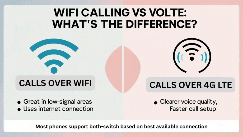 Side-by-side comparison of WiFi Calling and VoLTE, highlighting their network requirements and call quality differences.