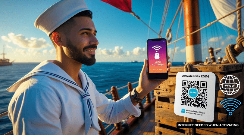 Seafarers using devices on a ship with data usage icons and global eSIM plan graphics.