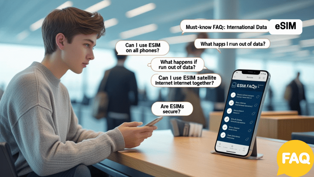 Illustration of a phone with eSIM icons and FAQ symbols like question marks and chat bubbles.
