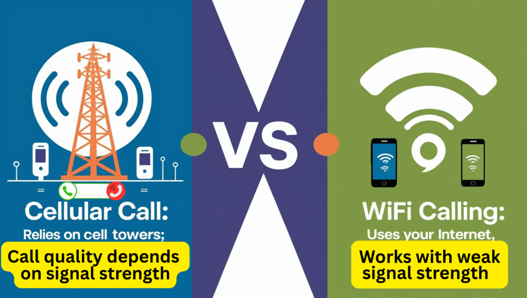 Split image comparing key differences between WiFi Calling and Cellular calling.