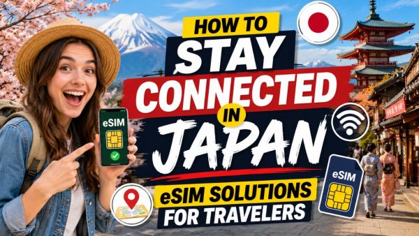Excited female traveler holds an eSIM phone with bold text about staying connected in Japan, featuring Mount Fuji, cherry blossoms, and a traditional pagoda.