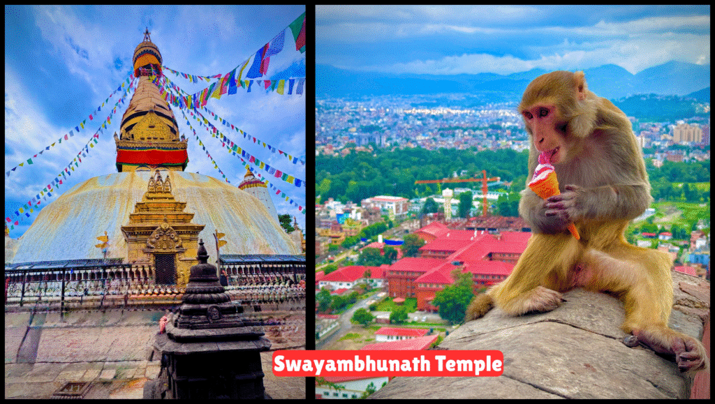 Swayambhunath Temple with a monkey and distant mountains in the background.