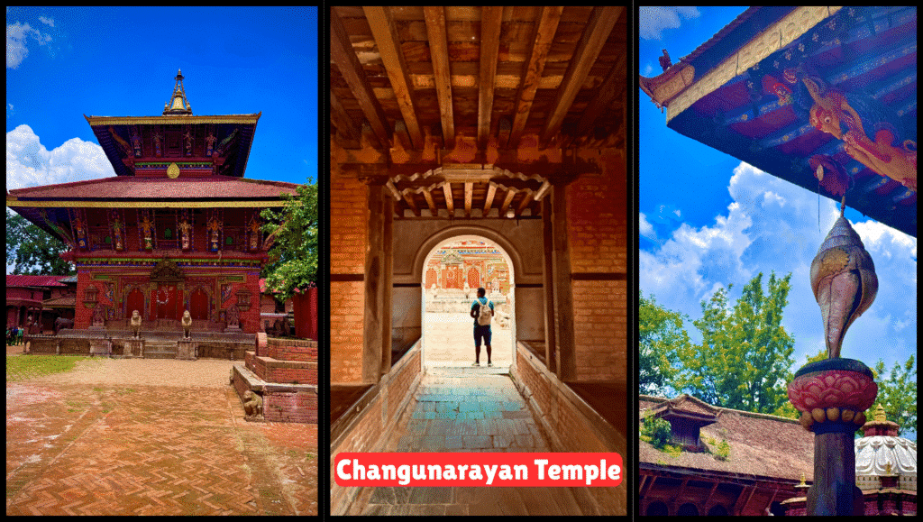 Multiple views of Changunarayan Temple showing pagoda roofs, wood carvings, and stone
