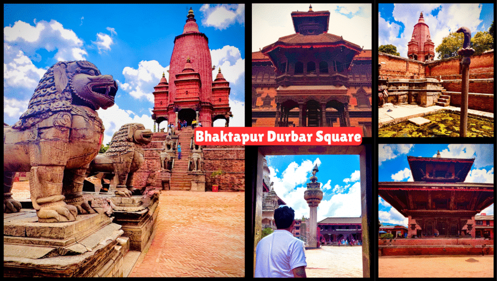 Multiple views of Bhaktapur temples, showcasing pagoda roofs, stone carvings, and intricate Newar architecture.