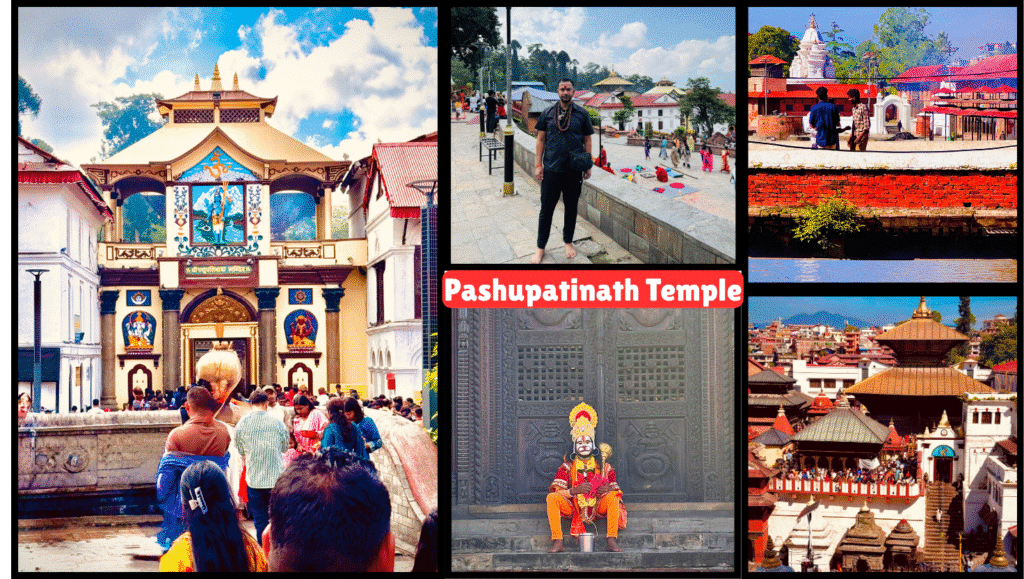 Multiple views of Pashupatinath Temple, featuring the golden pagoda, sacred Bagmati River bank, intricate carvings, and shrines around the temple complex.