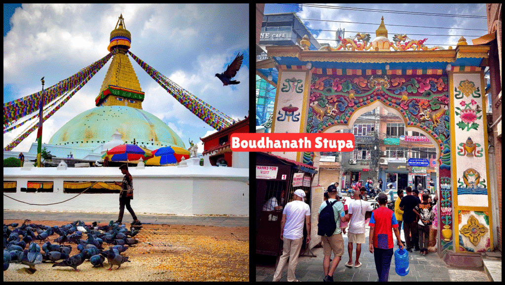 Multiple views of Boudhanath Stupa showing its massive white dome, Buddha's eyes, prayer flags, and surrounding sacred architecture.