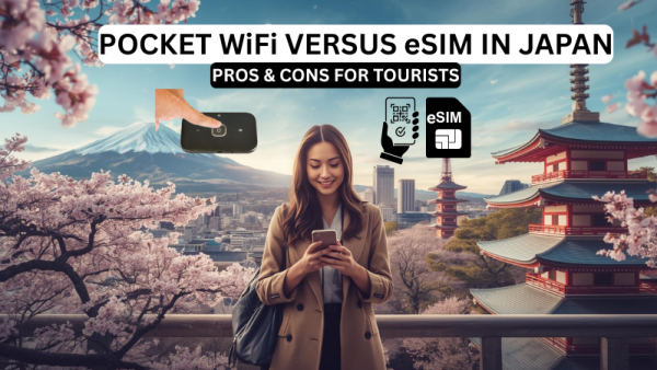 Tourist in Japan comparing Pocket WiFi device and eSIM on smartphone while traveling with unlimited data options.
