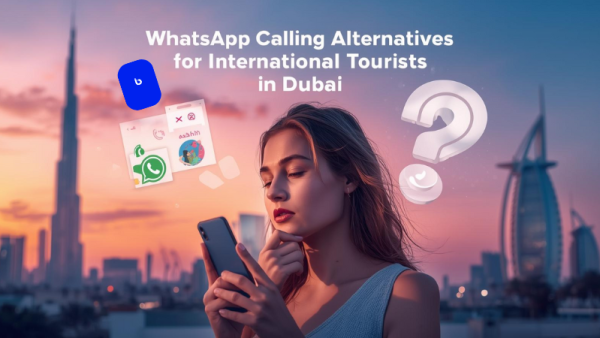 Woman using smartphone to explore WhatsApp calling alternatives for tourists in Dubai.