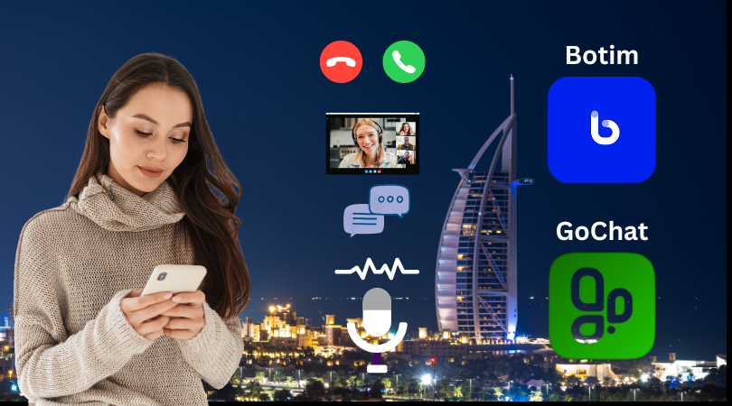 Woman thinking while viewing WhatsApp call alternatives with BOTIM and GoChat icons on her smartphone in Dubai.
