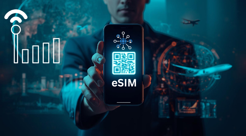 Smartphone screen showing eSIM activation for tourists to access mobile data without a physical SIM card.