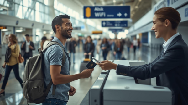 Traveler picking up a Pocket WiFi device at an airport counter.