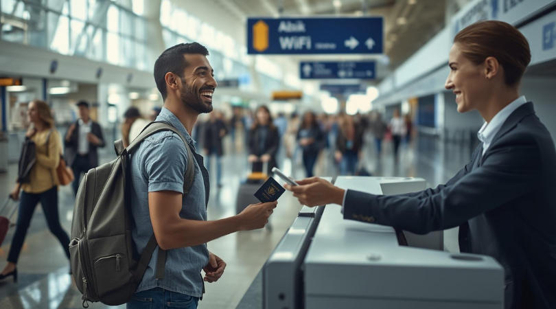 Traveler picking up a Pocket WiFi device at an airport counter.
