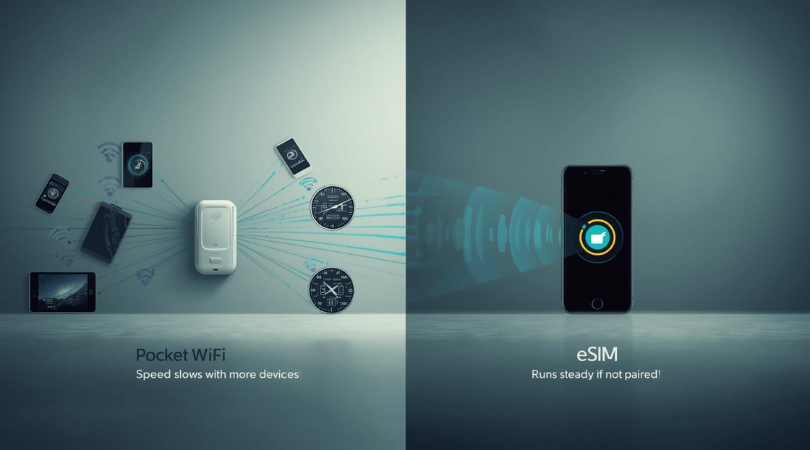 Chart comparing internet speed performance between Pocket WiFi and eSIM for travelers.