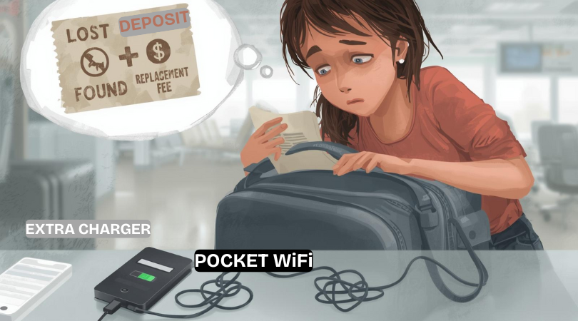 Illustration showing common risks and issues of using Pocket WiFi while traveling.