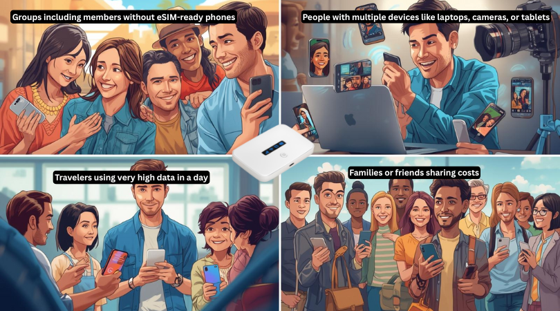 Graphic showing groups of travelers who benefit most from using Pocket WiFi.