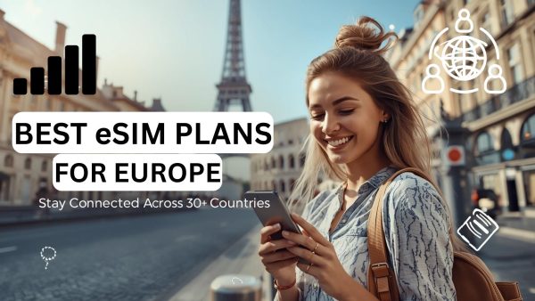 irl using smartphone with famous European landmarks in the background, showing global connectivity through eSIM.