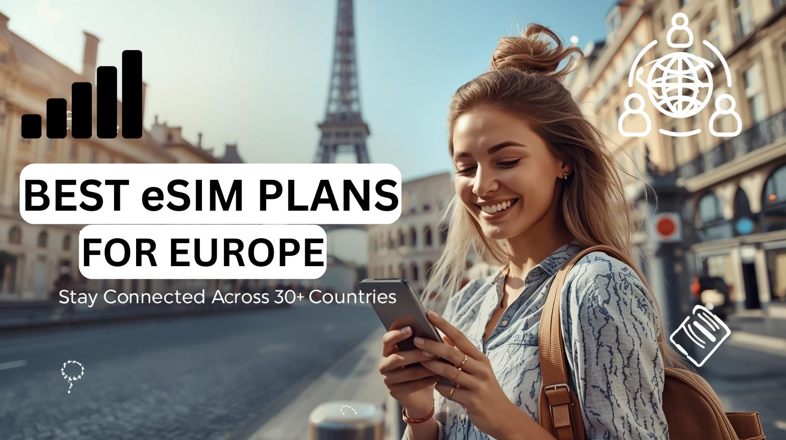 irl using smartphone with famous European landmarks in the background, showing global connectivity through eSIM.