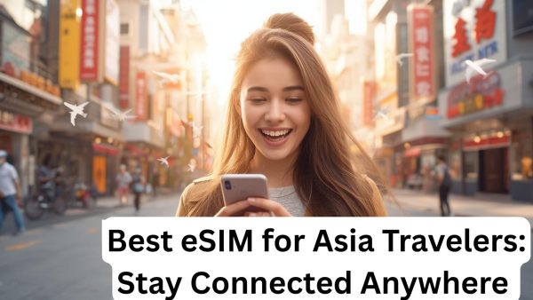 Young woman using smartphone with famous Asian landmarks in the background, symbolizing seamless travel connectivity with eSIM.